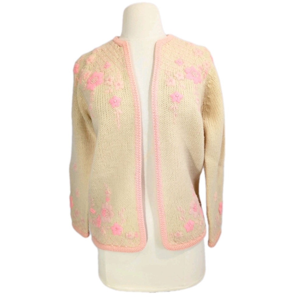 Women Vintage 100% Wool Cardigan Sweater Large Embroidered Flowers Jeri Jo